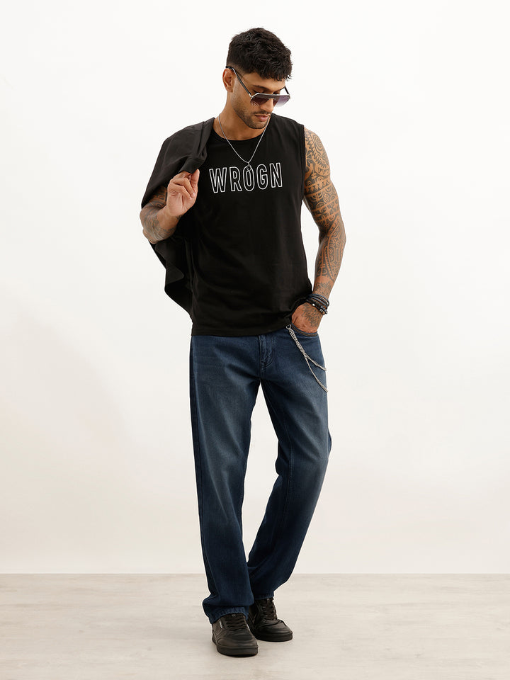Placement Printed Cut Off Sleeve T-Shirt | Black