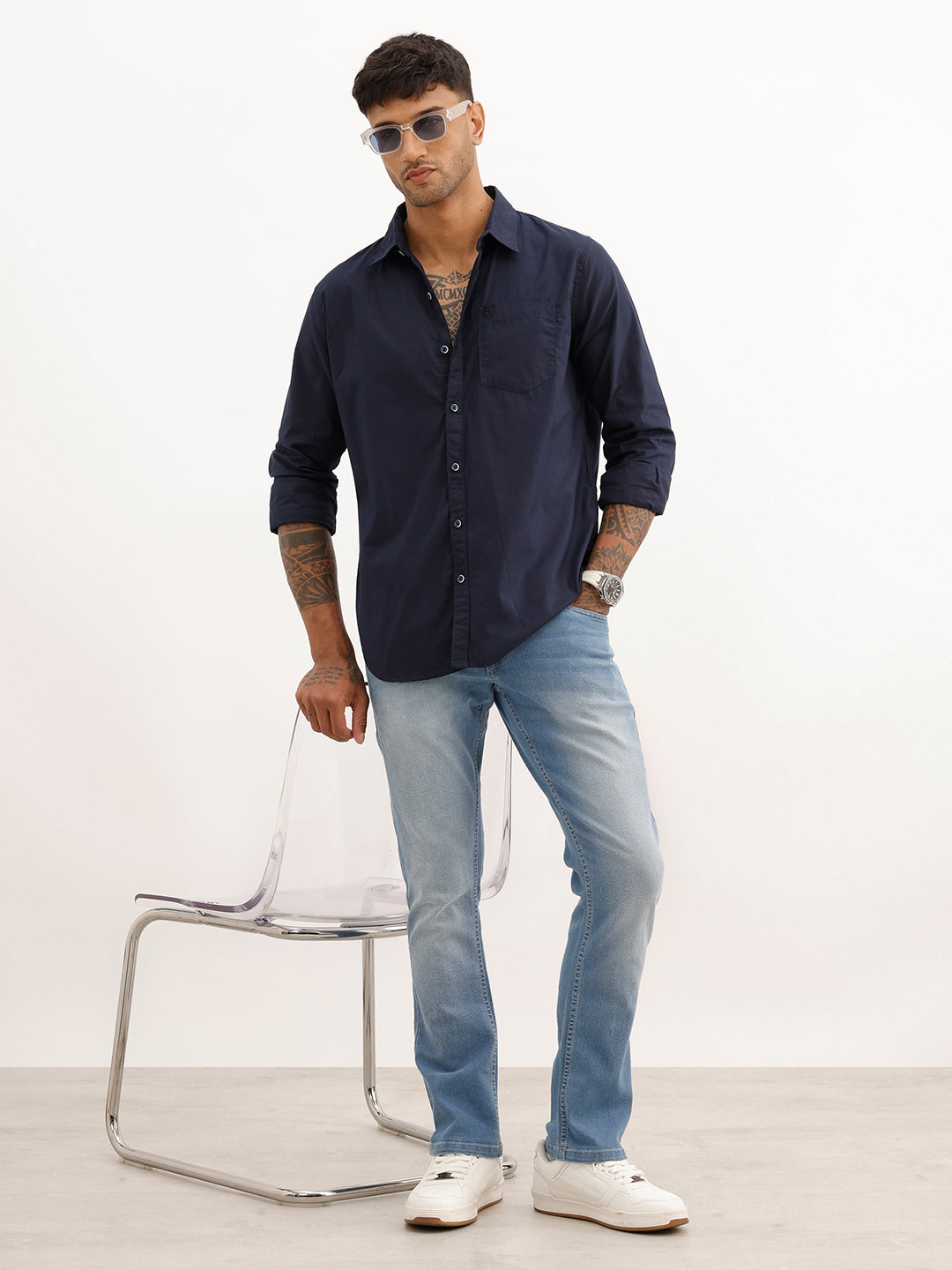 Solid Regular Fit Full Sleeve Shirt | Navy Blue | WRSH2065F