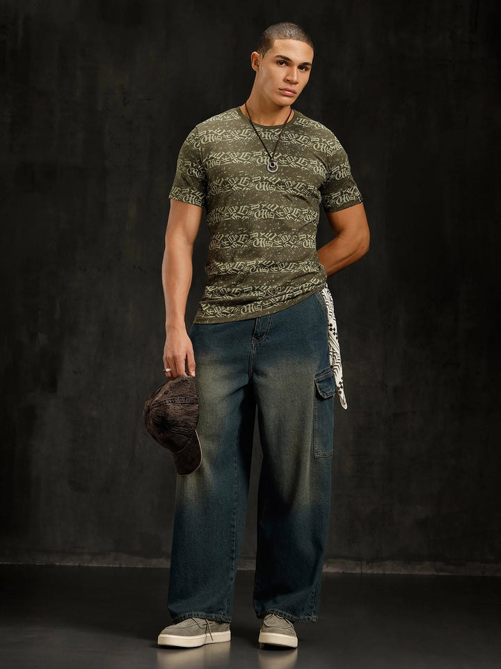 Ancient Script Striped AOP T-Shirt | Olive