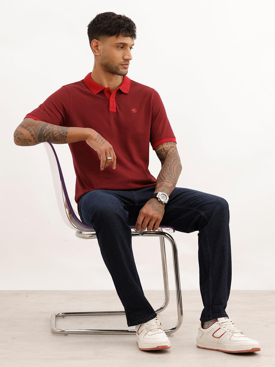 Slim Fit Contrast Collar Polo T-Shirt | Maroon