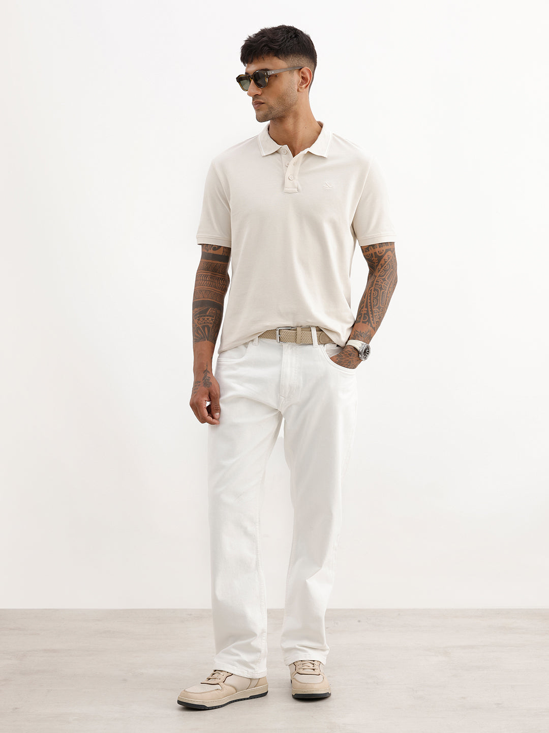 Solid Jacquard Collar Polo T-Shirt | Beige