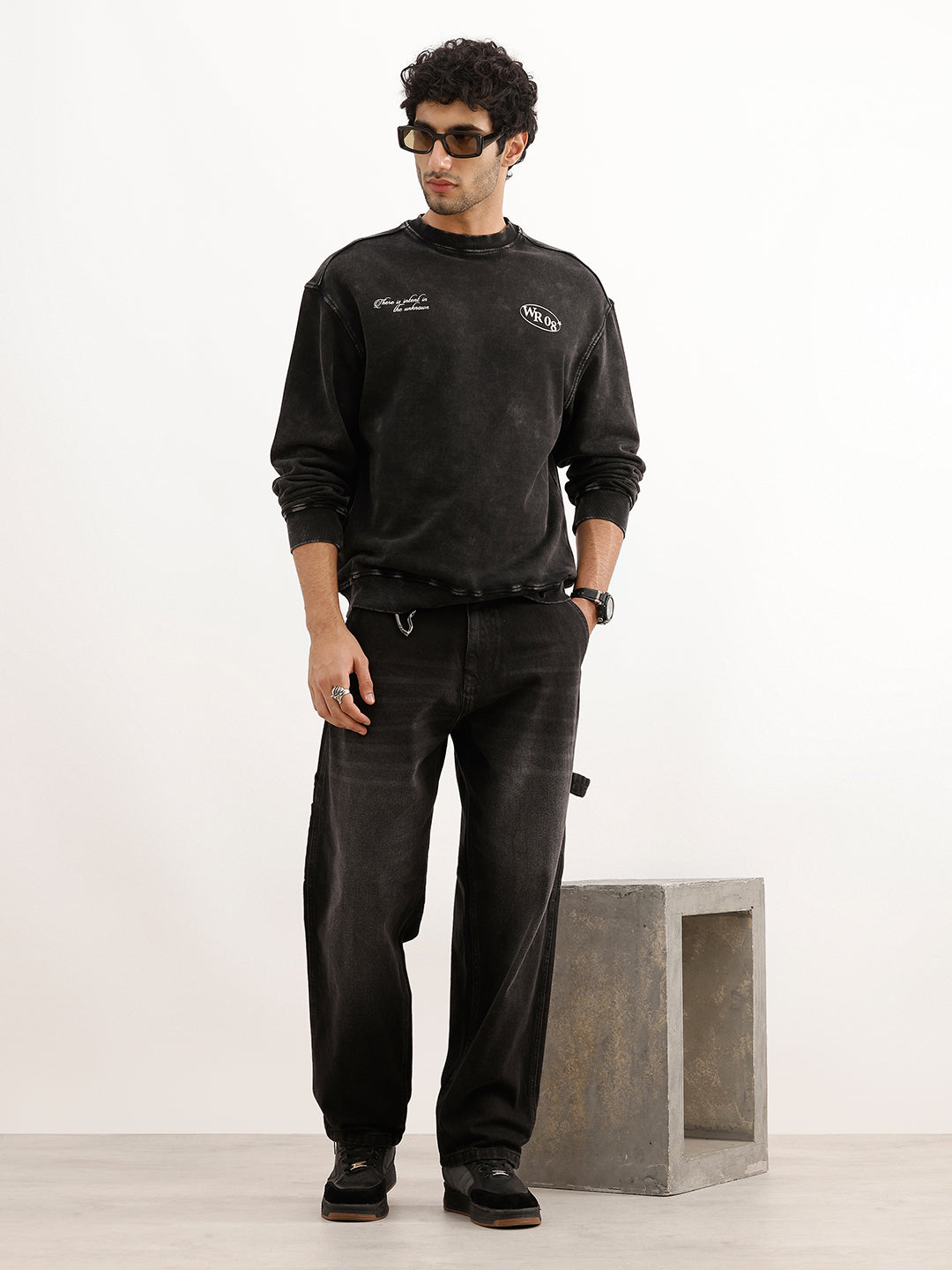 Washed Oversized Placement Printed Sweatshirt | Black