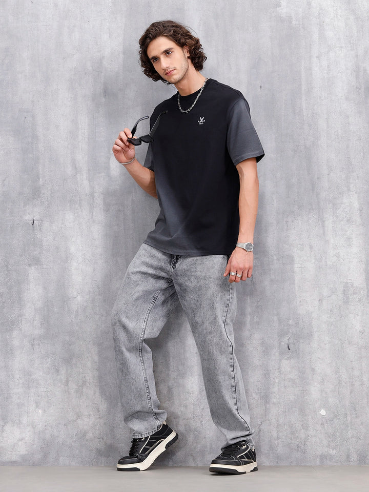 Washed Oversized Crew Neck T-shirt With Print | Black