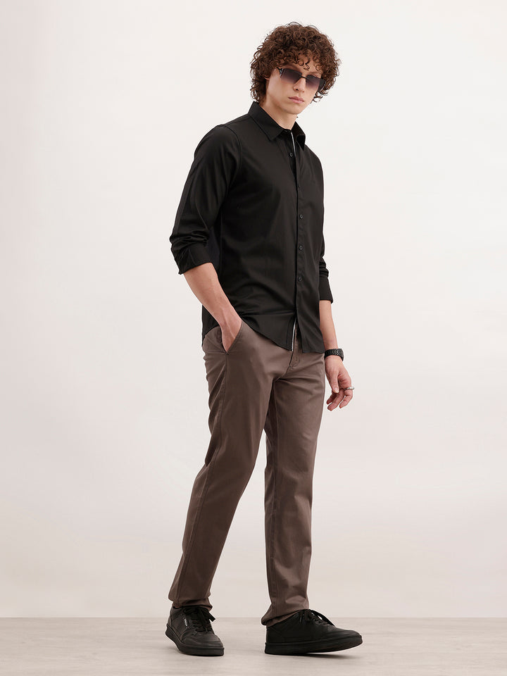 Solid Slim Fit Full Sleeved Shirt  | Black