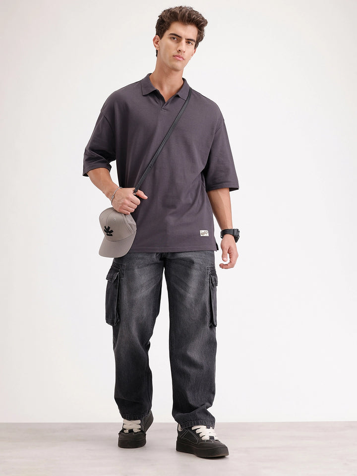 Solid Oversized Polo T-Shirt | Dark Grey