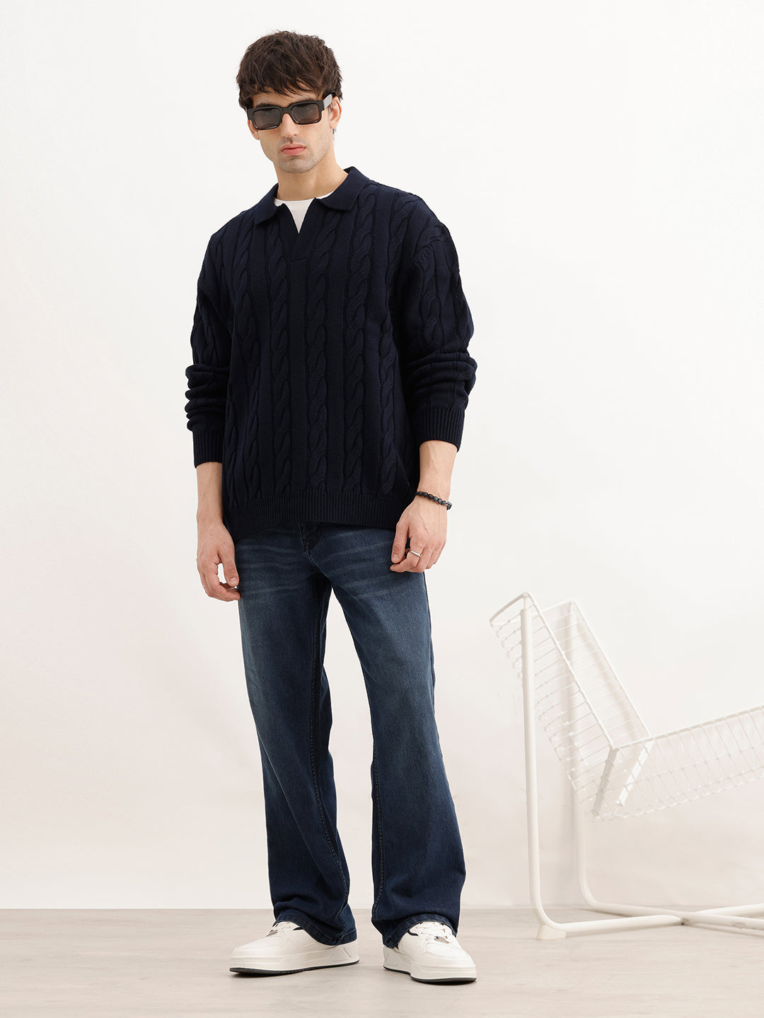Solid Oversized Fit Cable Knitted Sweater | Blue | WSW02FSOS1084W