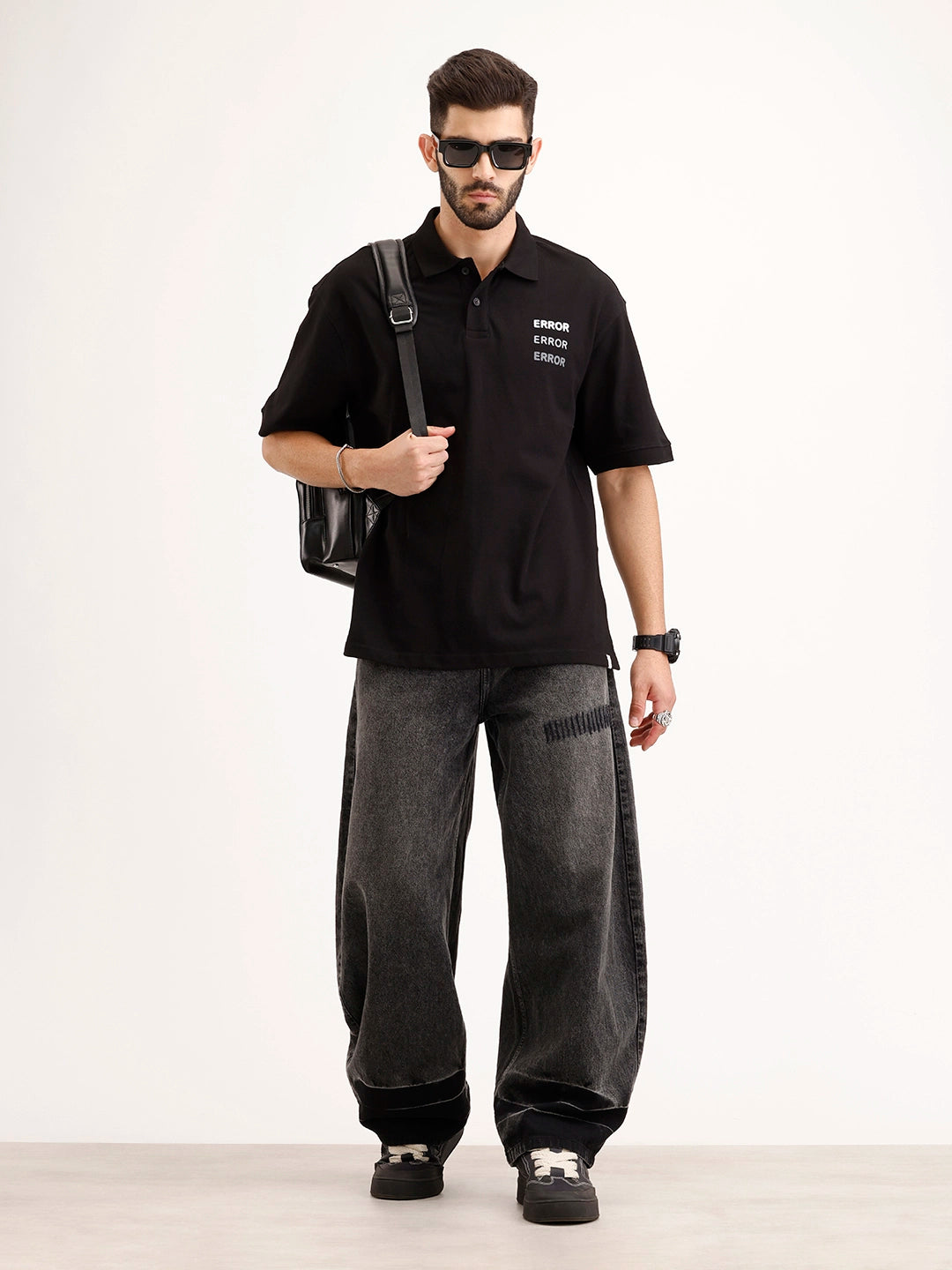 Oversized Back Printed Polo T-Shirt | Black