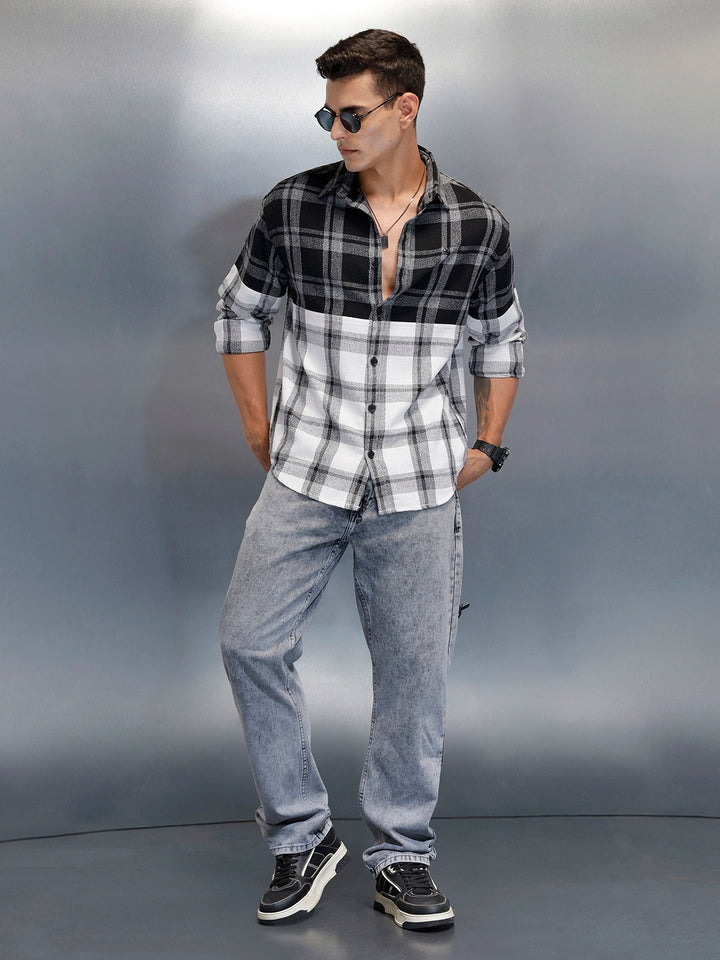 Men's Casual Oversized Fit Checkered Pattern Shirt | Black