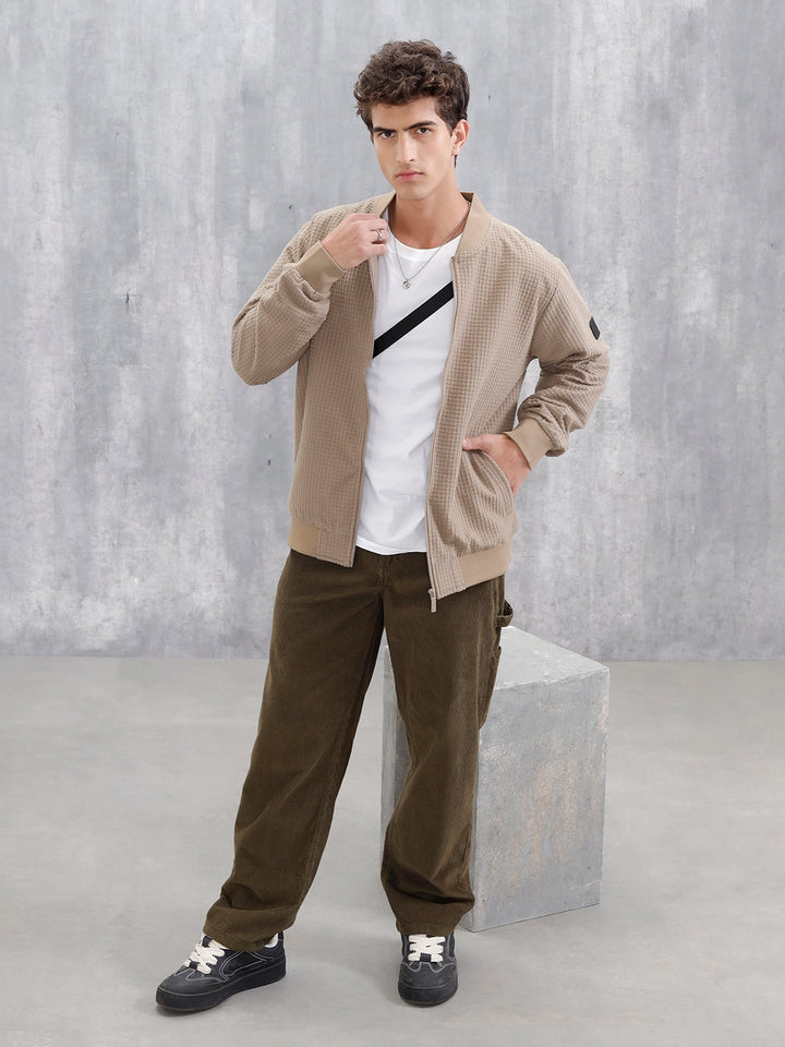 Men’s Textured Casual Bomber Jacket | Beige