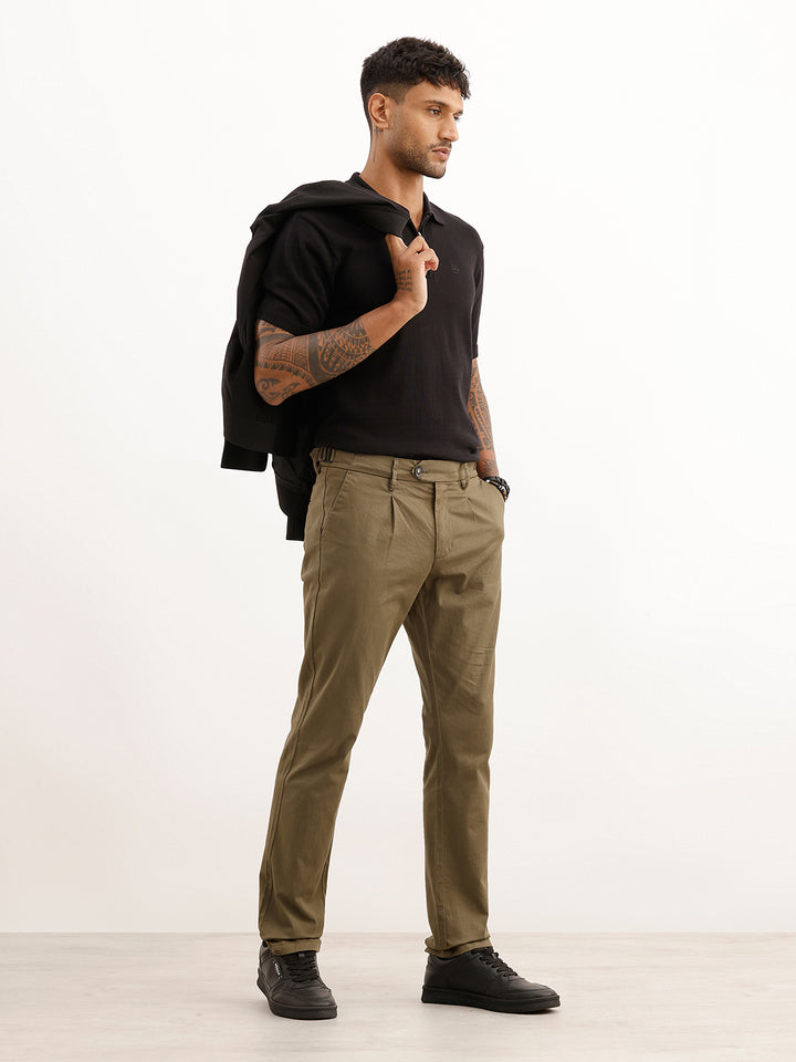 Solid Slim Fit Pleated Trouser | Olive