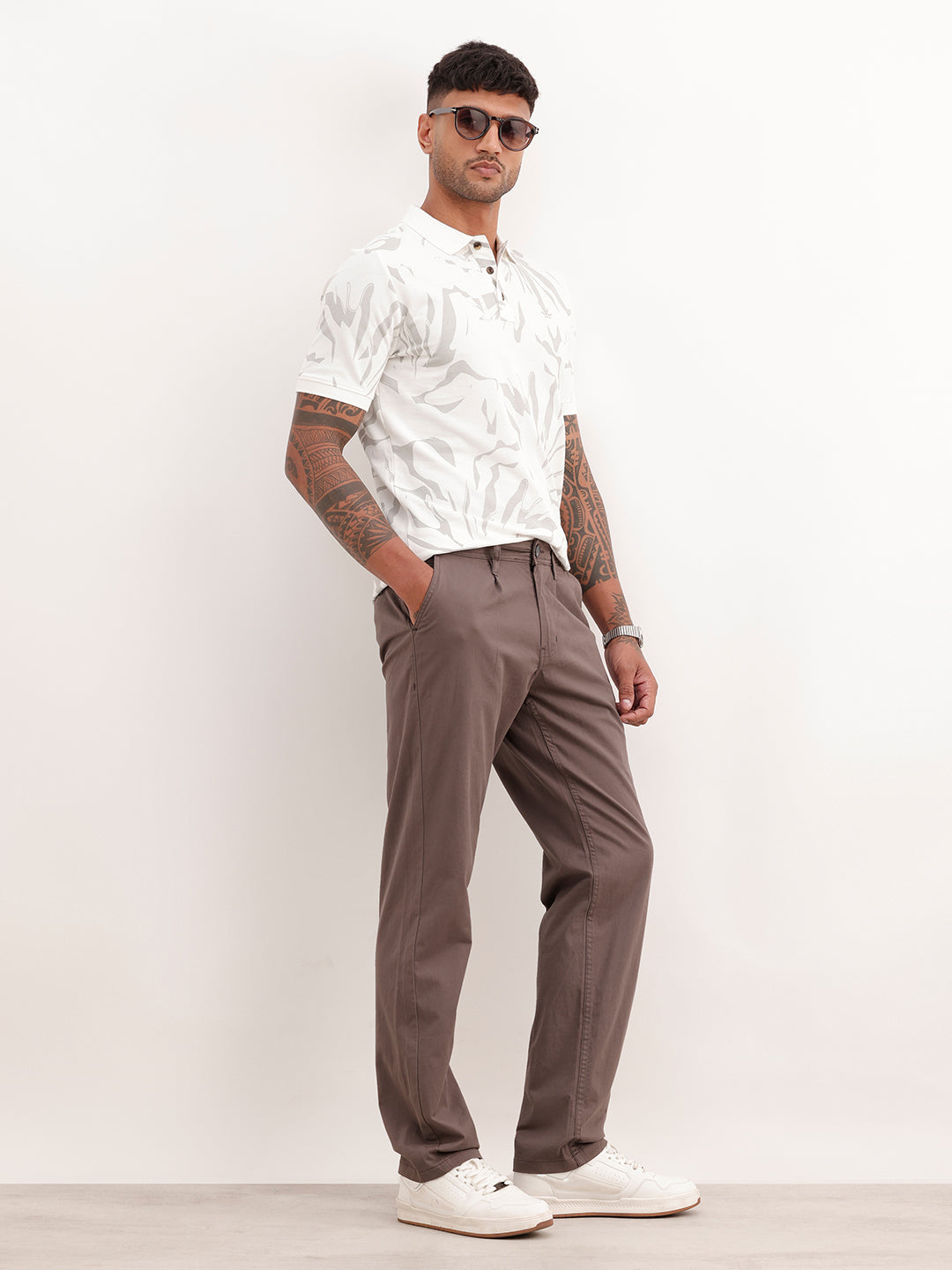 Solid Straight Fit Pleated Trouser | Grey