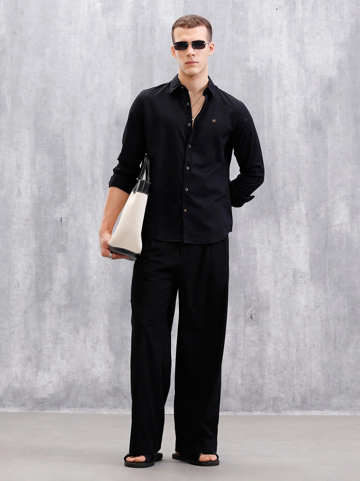 Solid Linen Blend Shirt | Black