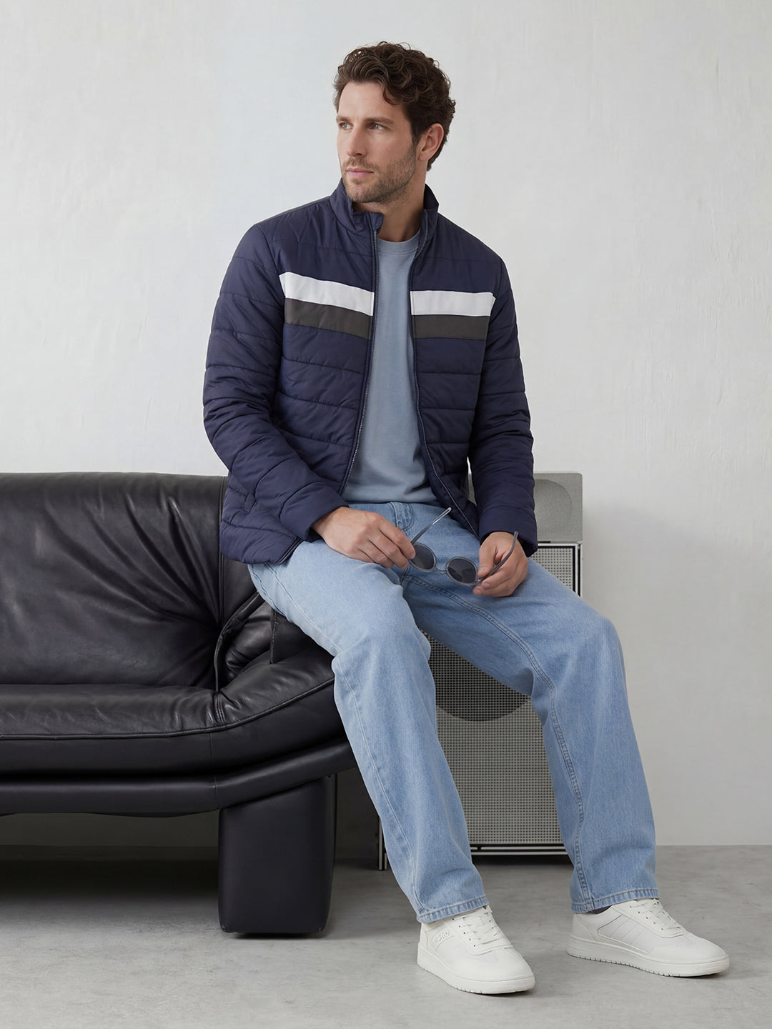 Solid Regular Fit Puffer Jacket | Dark Blue