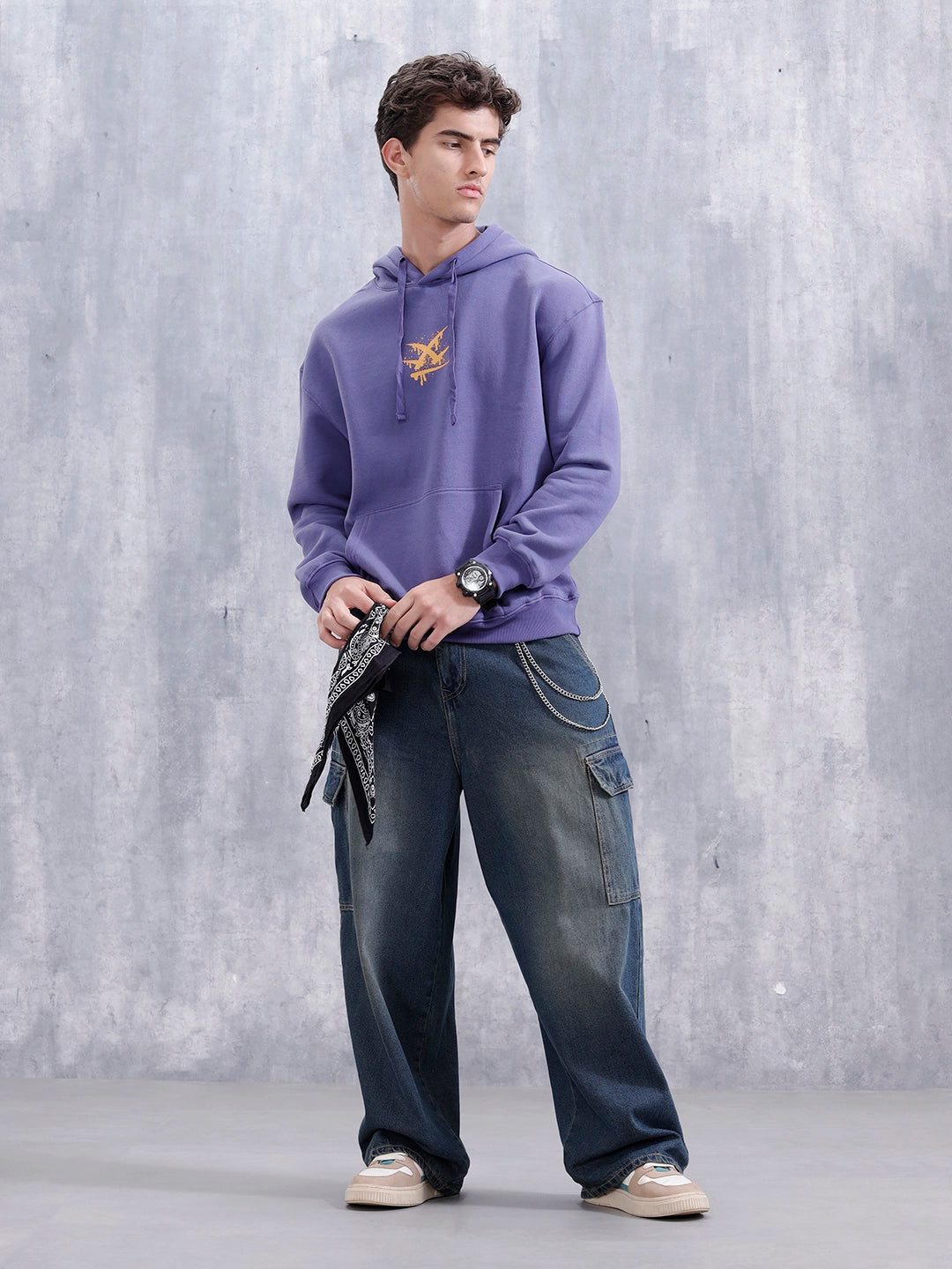 Graffiti Patch Oversized Brushed Fleece Hoodie | Purple