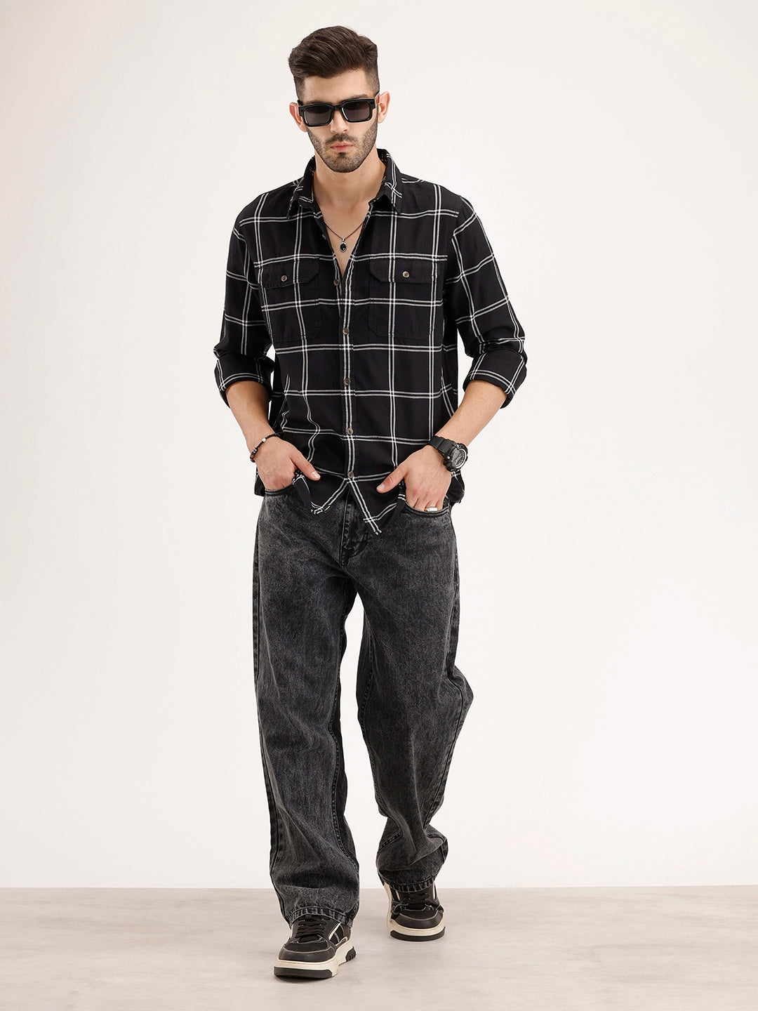 Slim Fit Double Pocket Checkered Shirt | Black