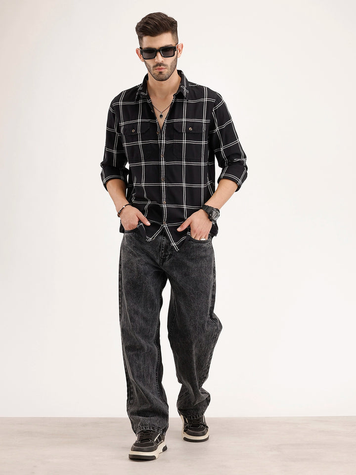 Slim Fit Double Pocket Checkered Shirt | Black