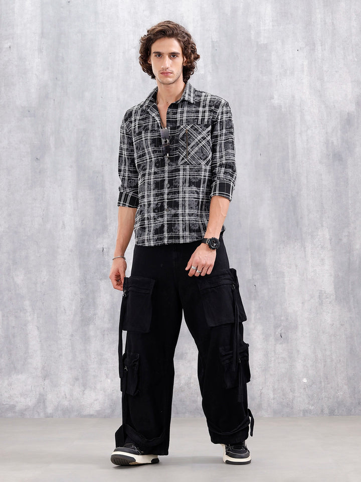 Wash Printed Overshirt With Chenille Yarn Check | Black