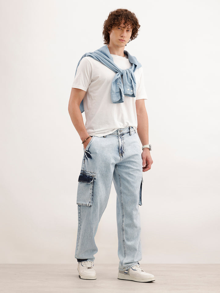Loose Fit Cargo Denim Jeans  | Light Blue