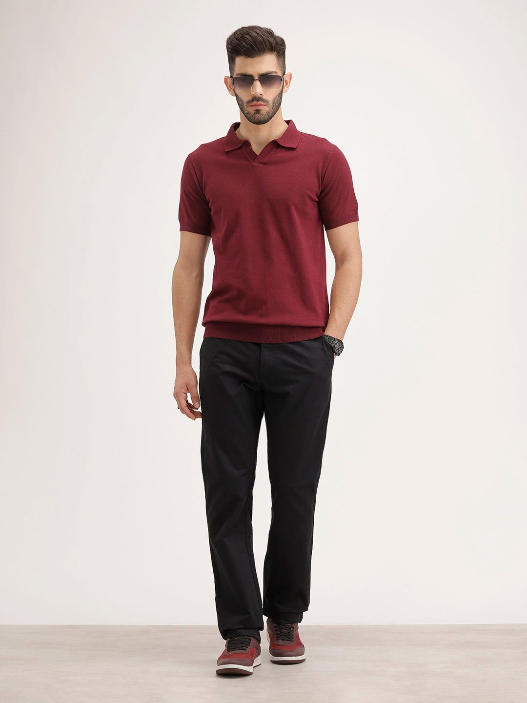 Slim Fit Flat Knit Polo T-Shirt | Maroon