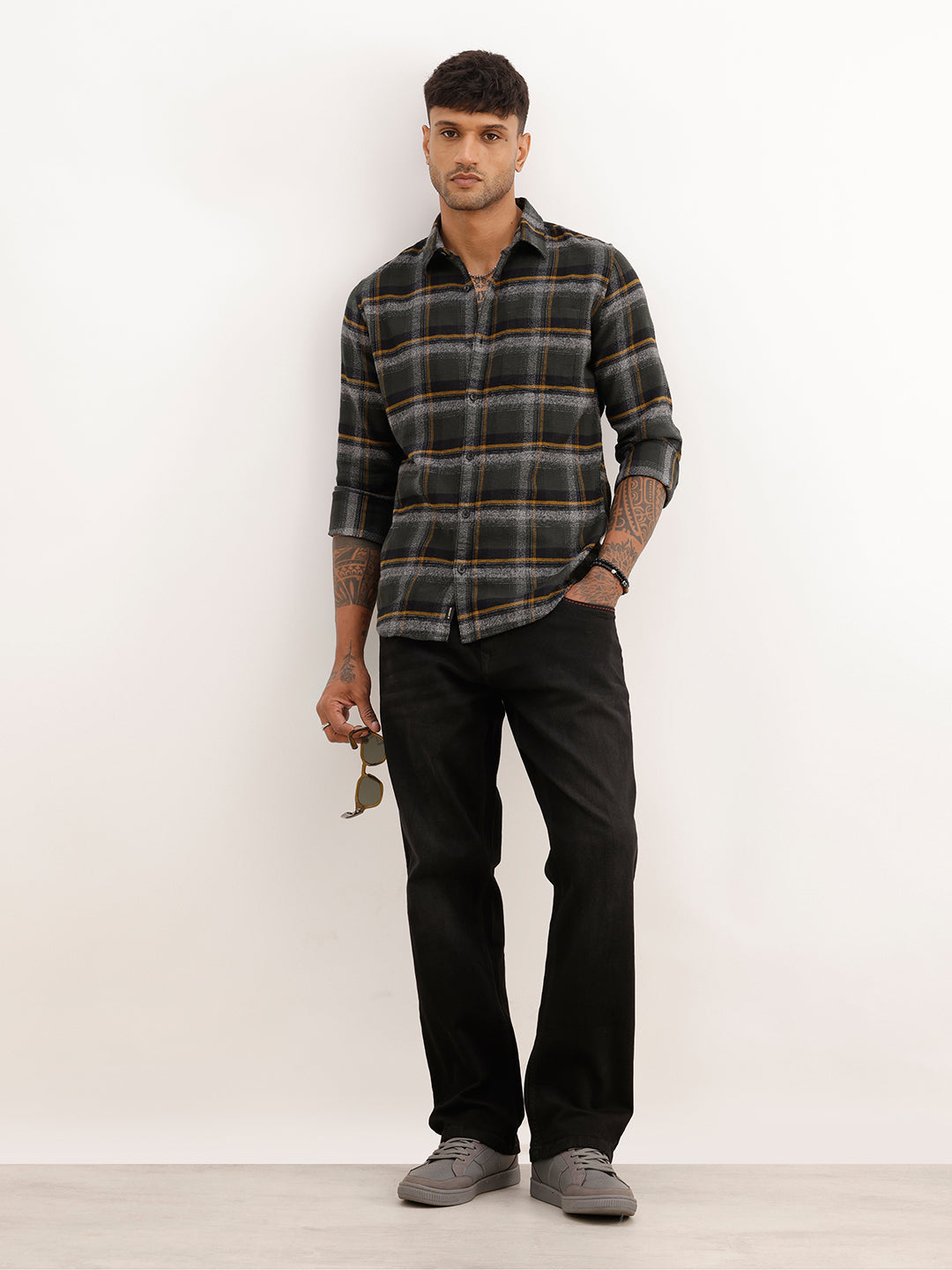 Slim Fit Checkered Full Sleeve Shirt | Dark Green