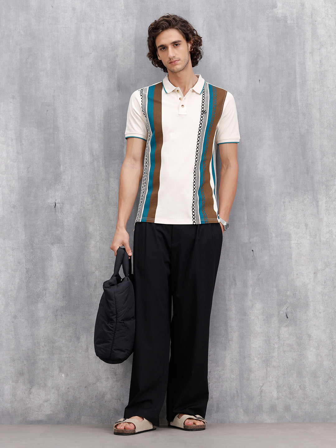 Cross-Stitch Inspired Printed Striped Slim Fit Shirt | Beige
