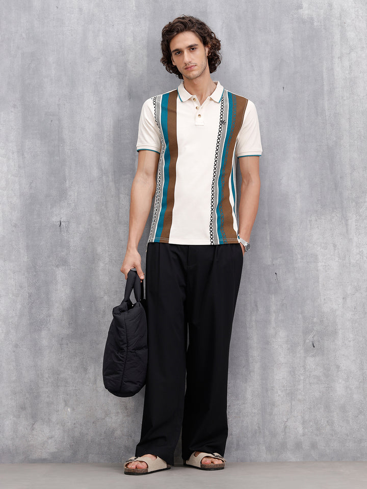 Cross-Stitch Inspired Printed Striped Slim Fit Shirt | Beige