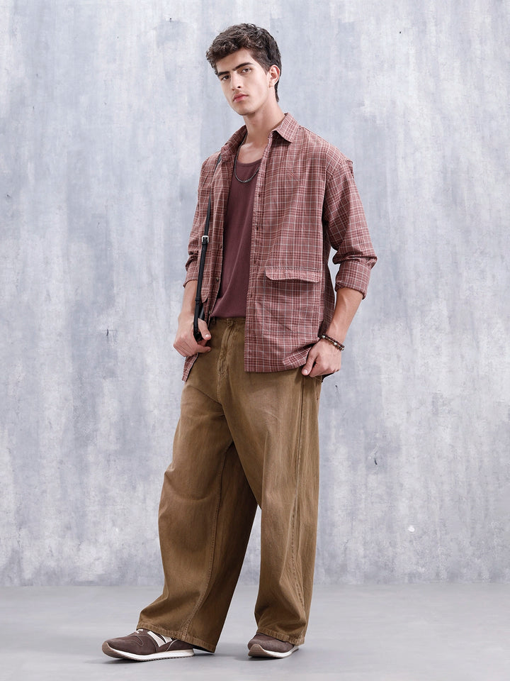 Men's Casual Oversized Fit Double Pocket Shirt | Brown