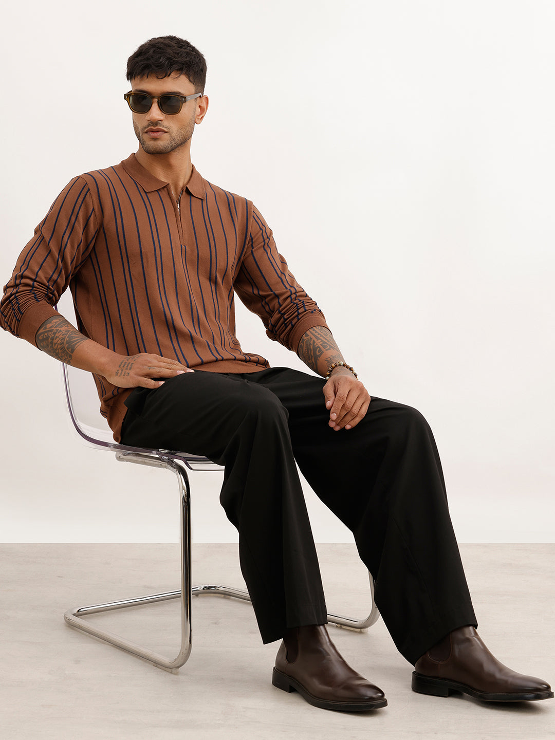 Slim Fit Flatknit Full Sleeve Polo T-Shirt | Brown | WPT02FSSL1257S