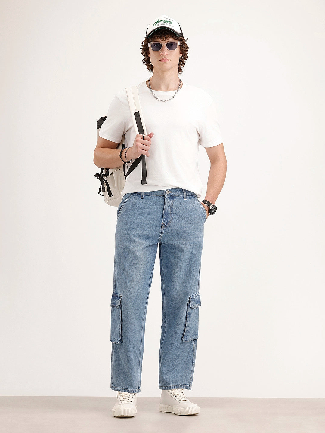 Loose Fit Cargo Denim Jeans | Light Blue