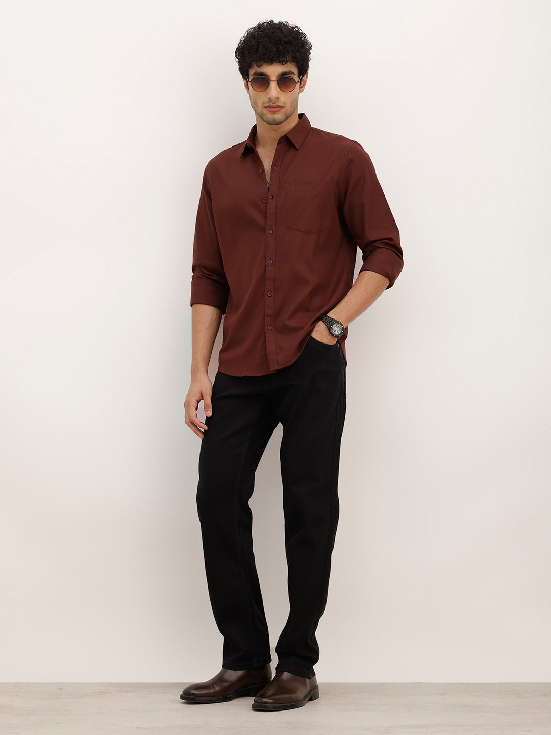 Solid Slim Fit Full Sleeve Shirt | Brown
