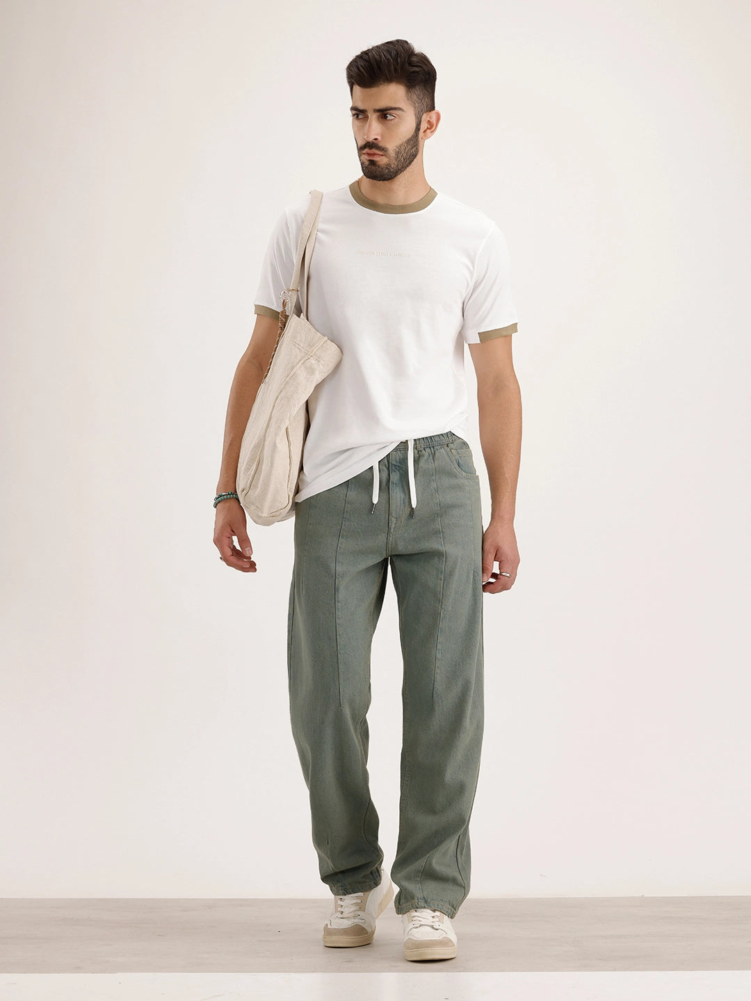 Loose Fit Pleated Denim Jeans | Olive