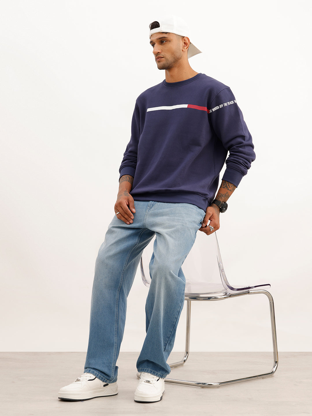 Slim Fit Placement Printed Sweatshirt | Navy Blue