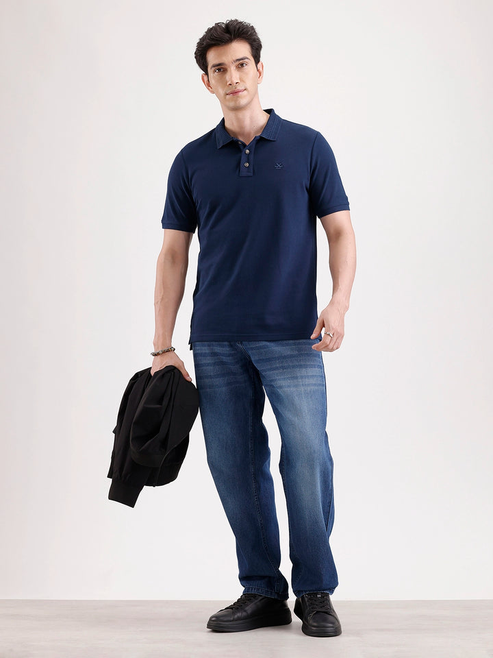Jacquard Collar Polo T-Shirt  | Navy Blue