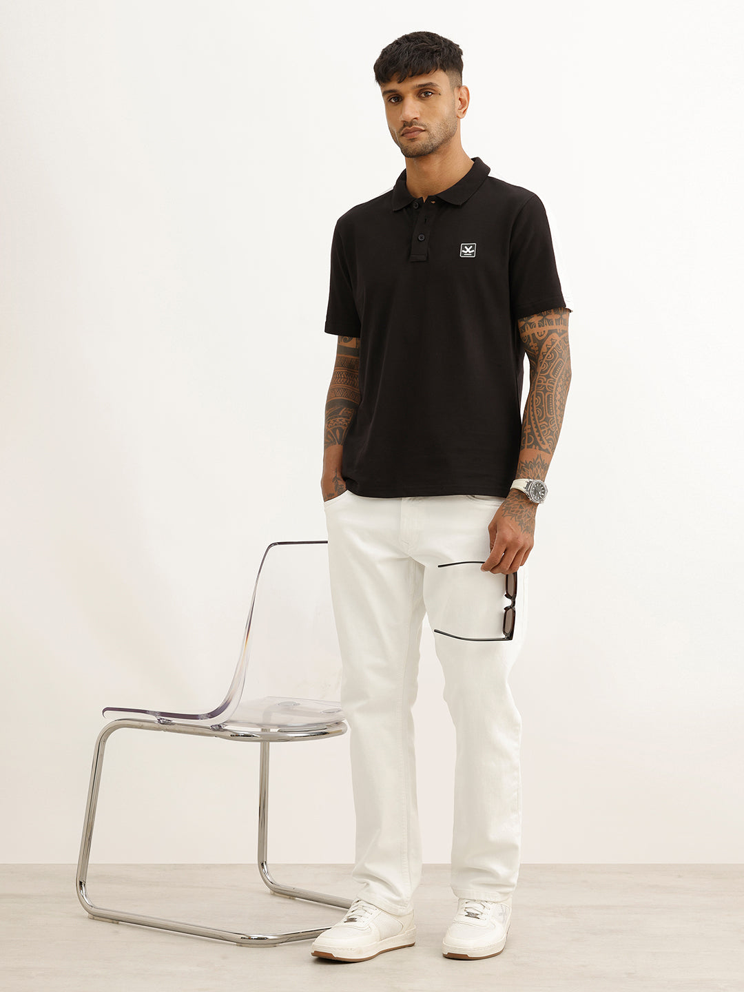 Slim Fit Contrast Sleeve Polo T-Shirt | Black