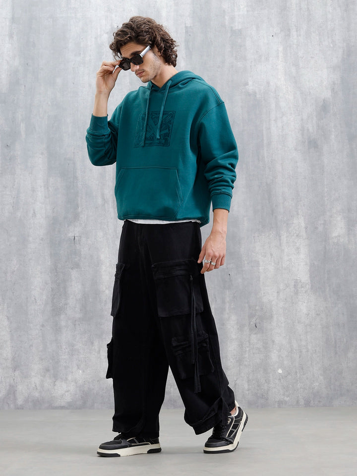Oversized Brushed Fleece Hoodie With Tonal Flock Print | Teal