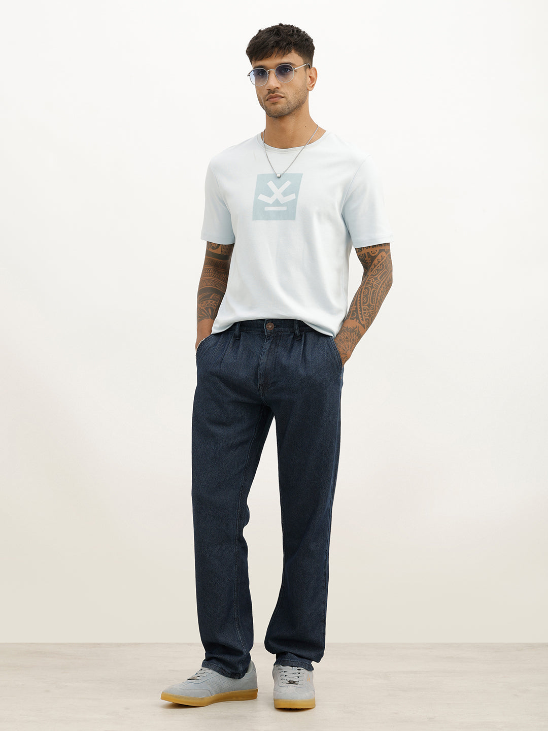Solid Anti Fit Pleated Denim Jeans | Dark Blue