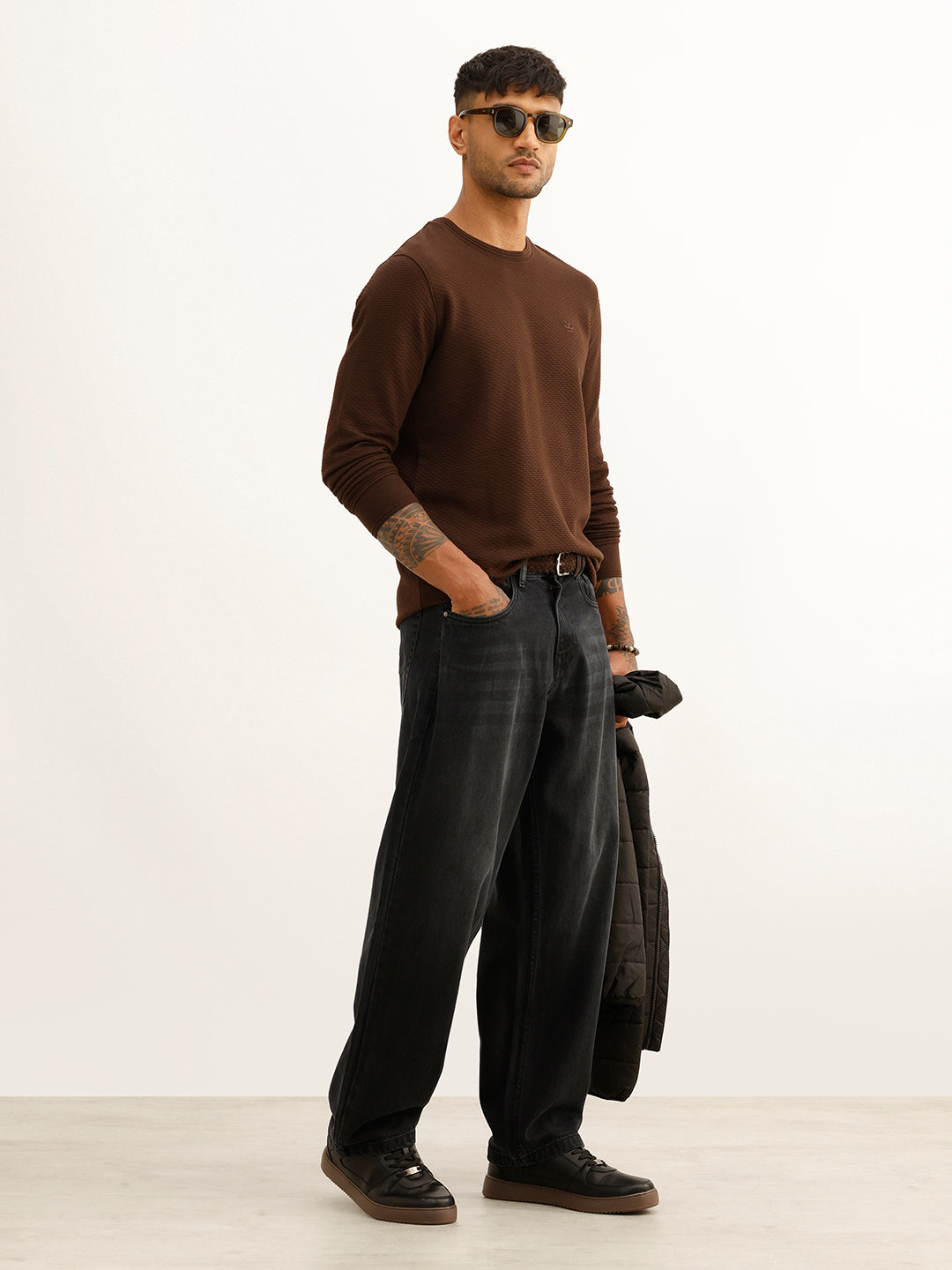 Slim Fit Textured Full Sleeve T-Shirt | Brown