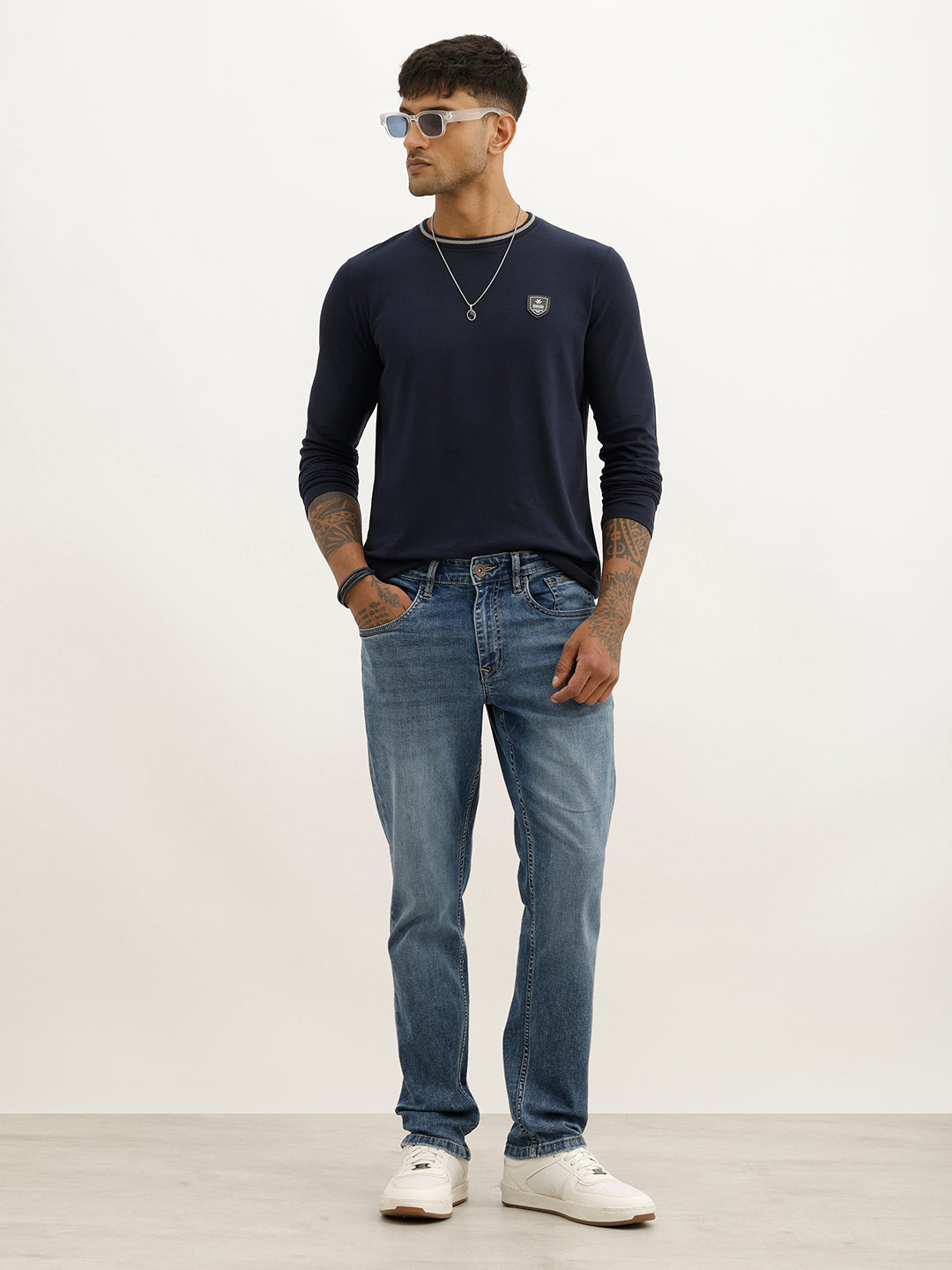 Solid Contrast Collar Full Sleeve T-Shirt | Navy Blue