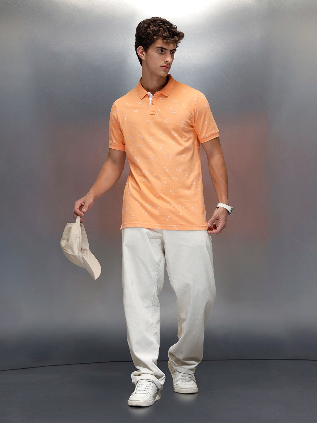Wrogn Men's Casual All-Over-Printed Polo T-shirt | Orange