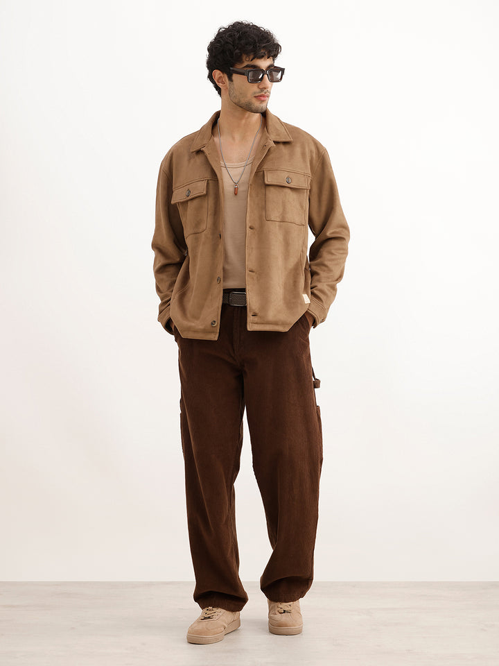 Solid Comfort Fit Double Pocket Jacket | Brown