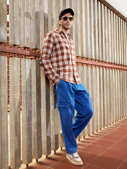 Checked Herringbone Slim Fit Shirt | Brown