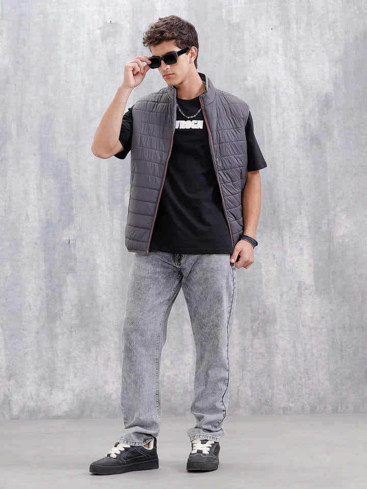 Men's Solid Casual Puffer Jacket | Grey