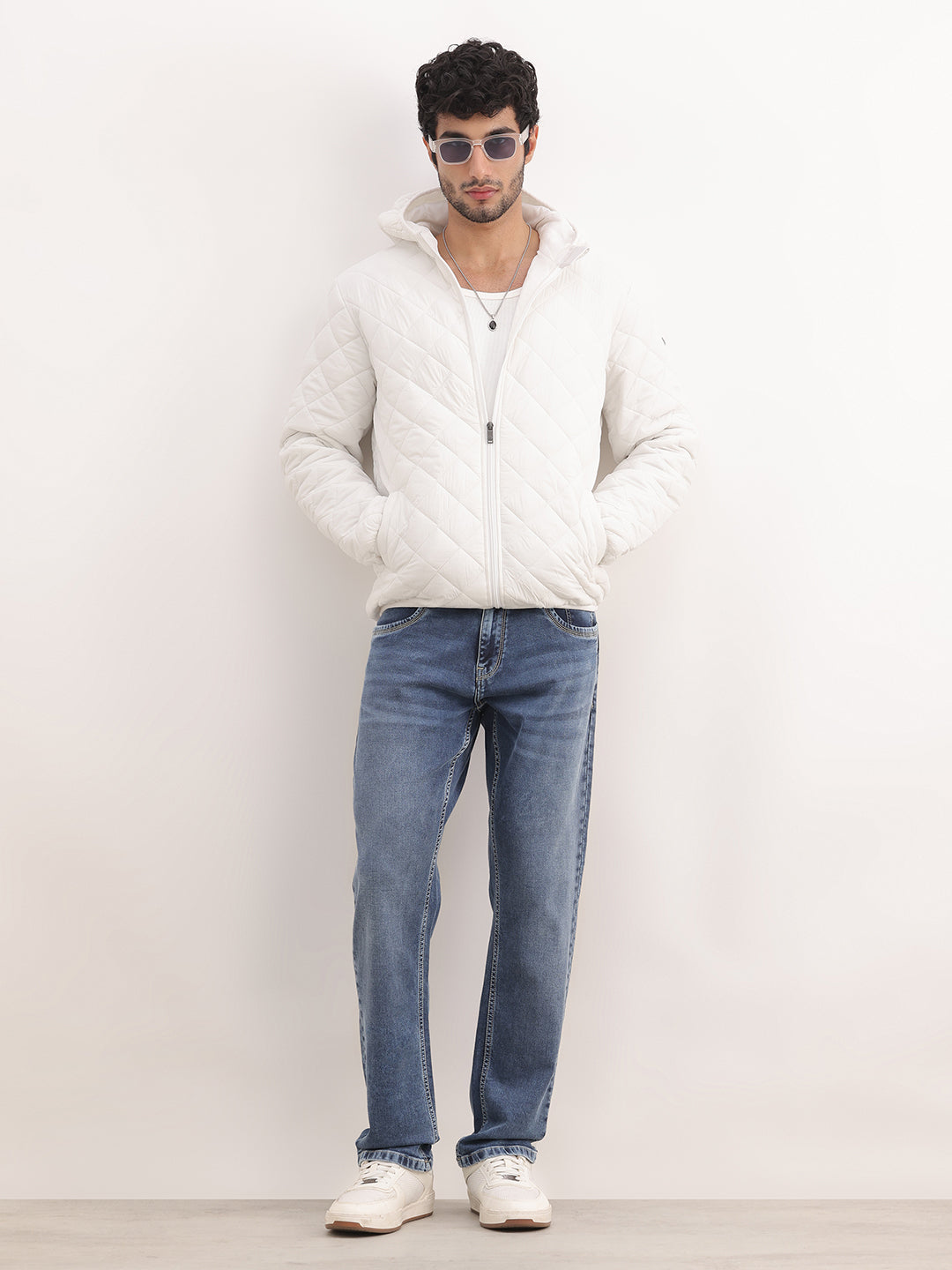 Solid Regular Fit Hooded Puffer Jacket | White