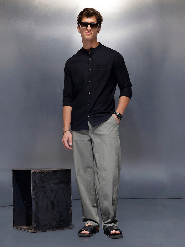 Men's Casual Mandrin Collar Shirt   |  Navy Blue