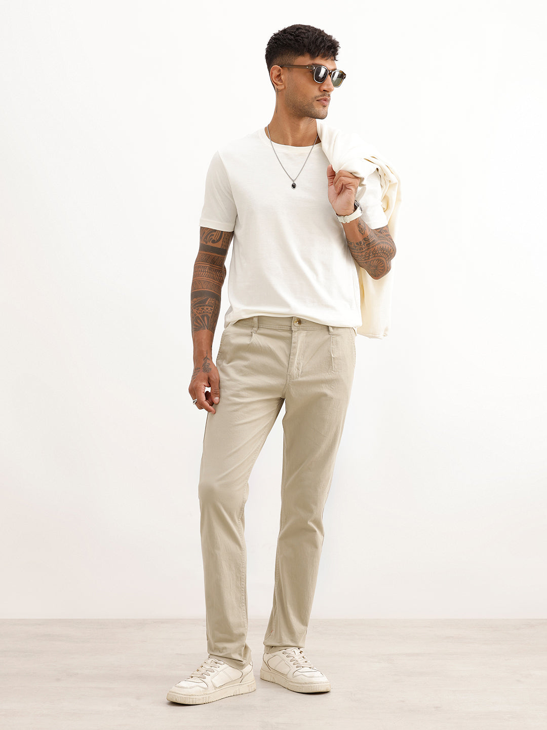 Solid Slim Fit Pleated Trouser | Beige