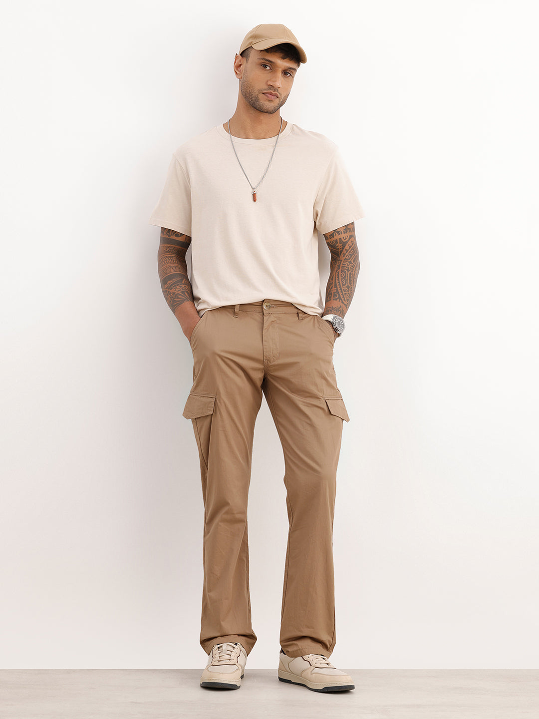 Solid Straight Fit Cargo Trousers | Khaki