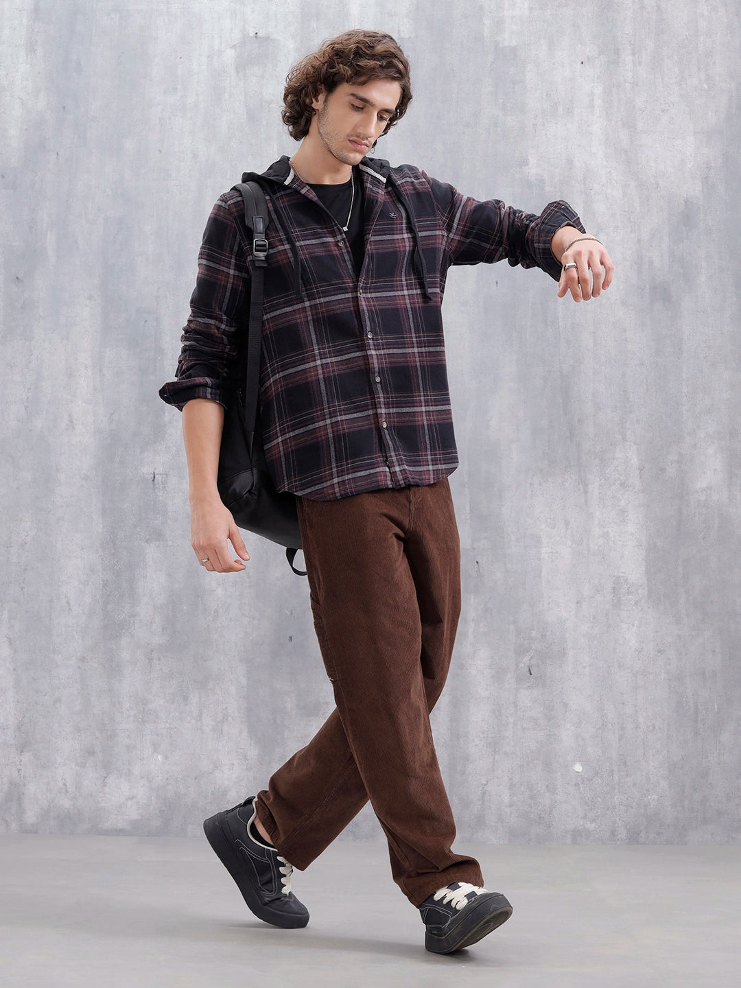 Brushed Flannel Hooded Slim Fit Check Shirt | Black