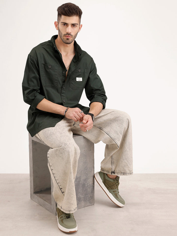 Oversized Fit Double Pocket Patch Detailed Shirt | Dark Green