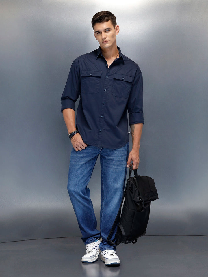 Men's Casual Oversized Fit Double Pocket Shirt | Navy Blue