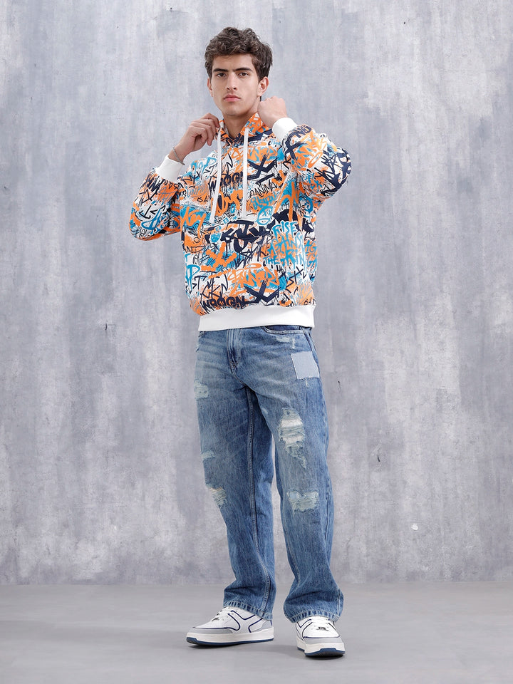 Graffiti Inspired Oversized Brushed Fleece Hoodie | Blue